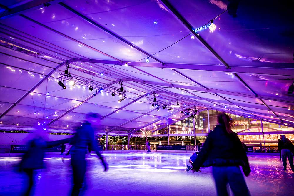 Canary Wharf ice skating rink at Canada Square Park  London 2021.