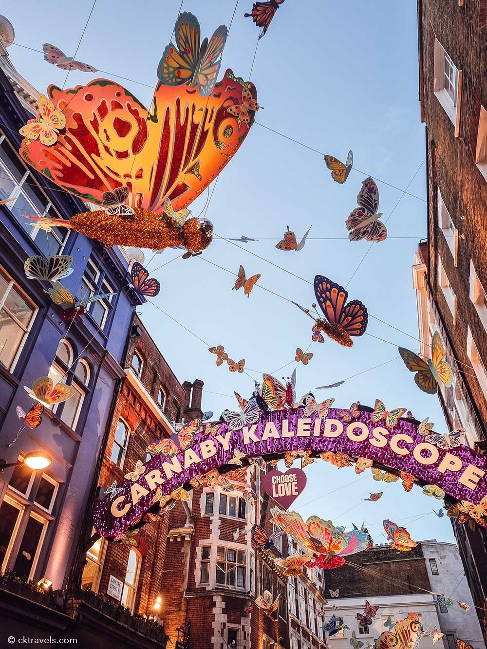 Carnaby Street lights 2021 - sparkling 3D and 2D butterflies. Copyright CK Travels