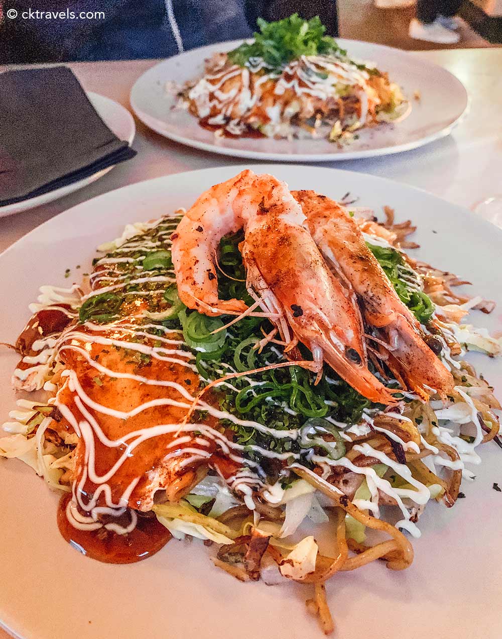 Squid and prawn Hiroshima style Okonomiyaki at Sho Foo Doh at Filly Brook in Leytonstone