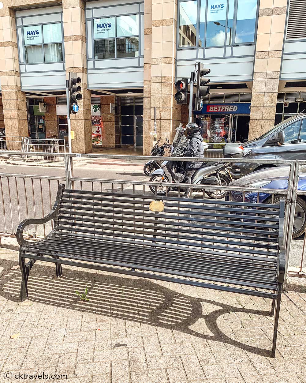 The Bottom TV series bench / tribute to Rick Mayall in Hammersmith