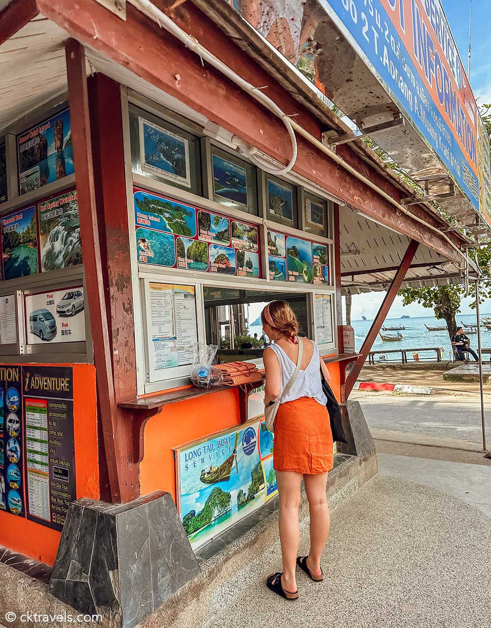 Ao Nang Beach Tail Boat Service ticket counters. How to get from Krabi (Ao Nang) to Railay Beach by boat