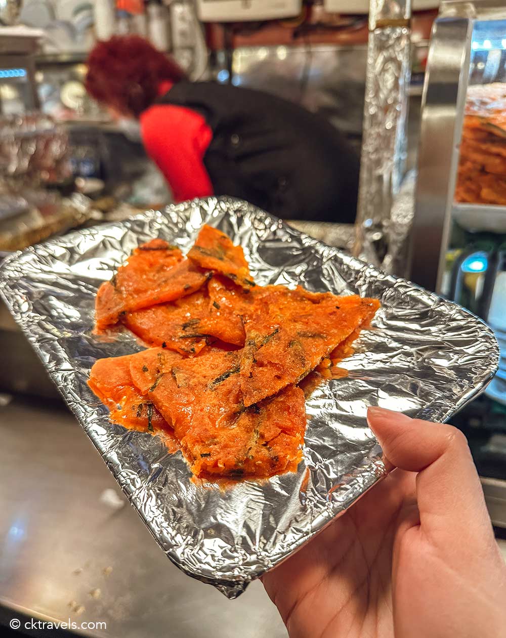 Korean kimchi pancake (buchimgae) at Gwangjang Market Seoul