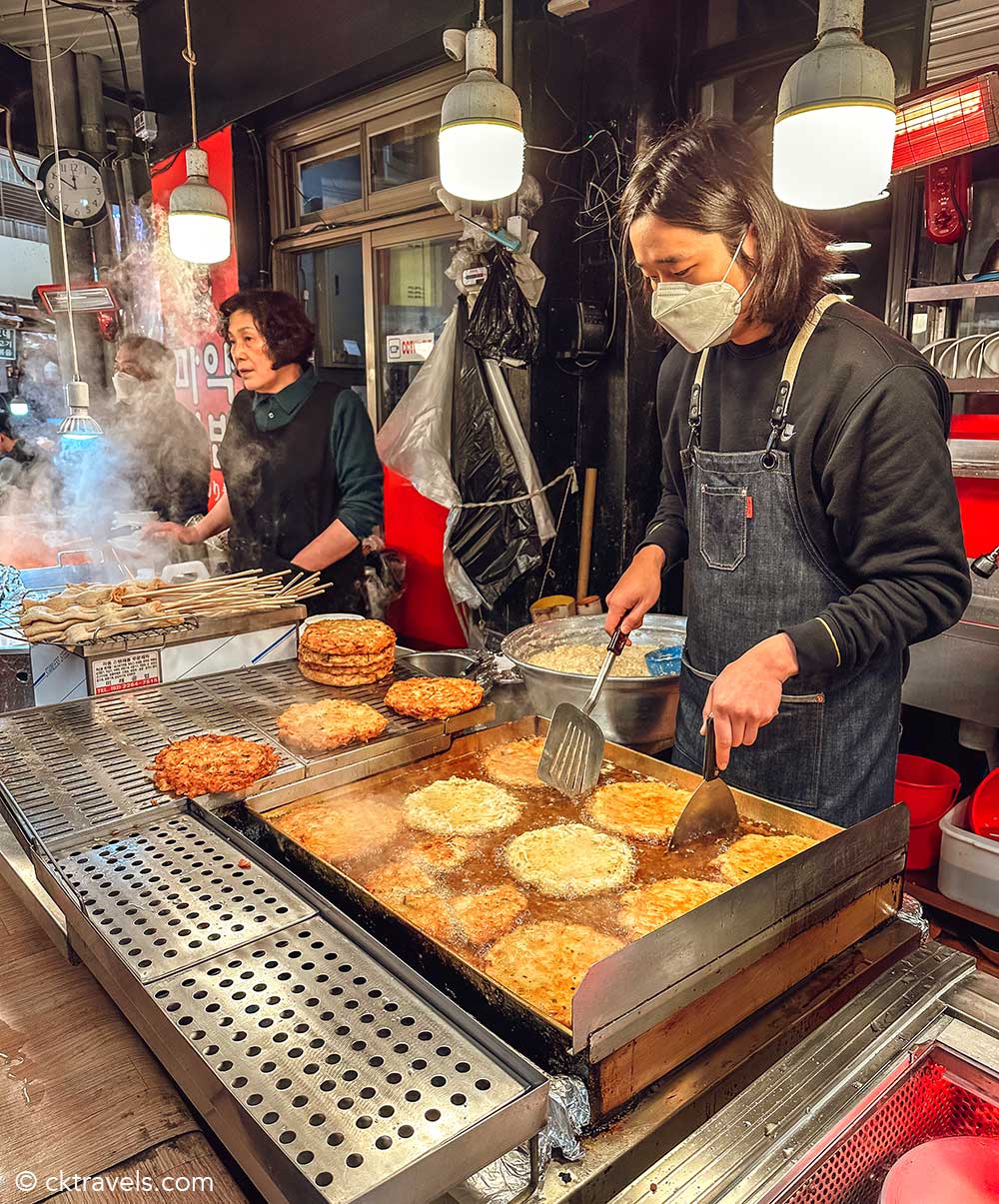 Mung Bean Pancake (Bindaetteok) Street food in South Korea