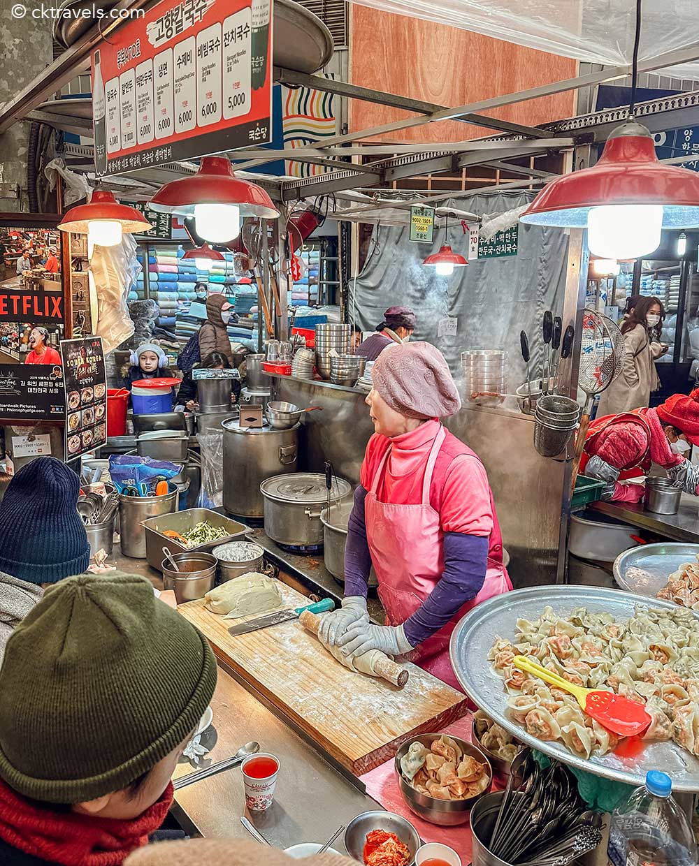 Netflix Street Food Asia knife-cut noodle lady Cho Yonsoon stall at Gwangjang Market, Seoul, South Korea