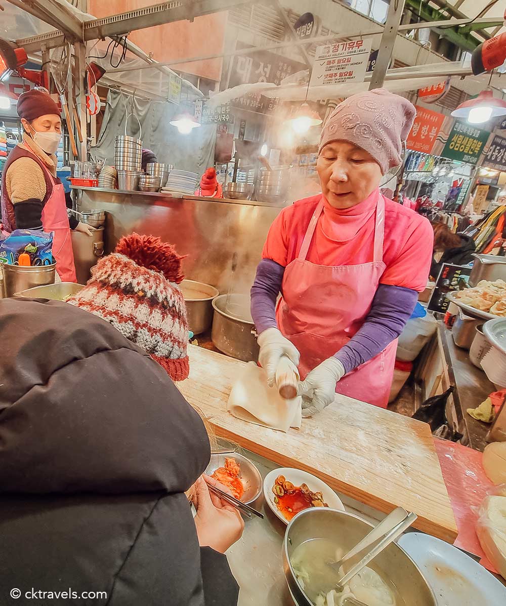 Netflix Street Food Asia knife-cut noodle lady Cho Yonsoon stall at Gwangjang Market, Seoul, South Korea