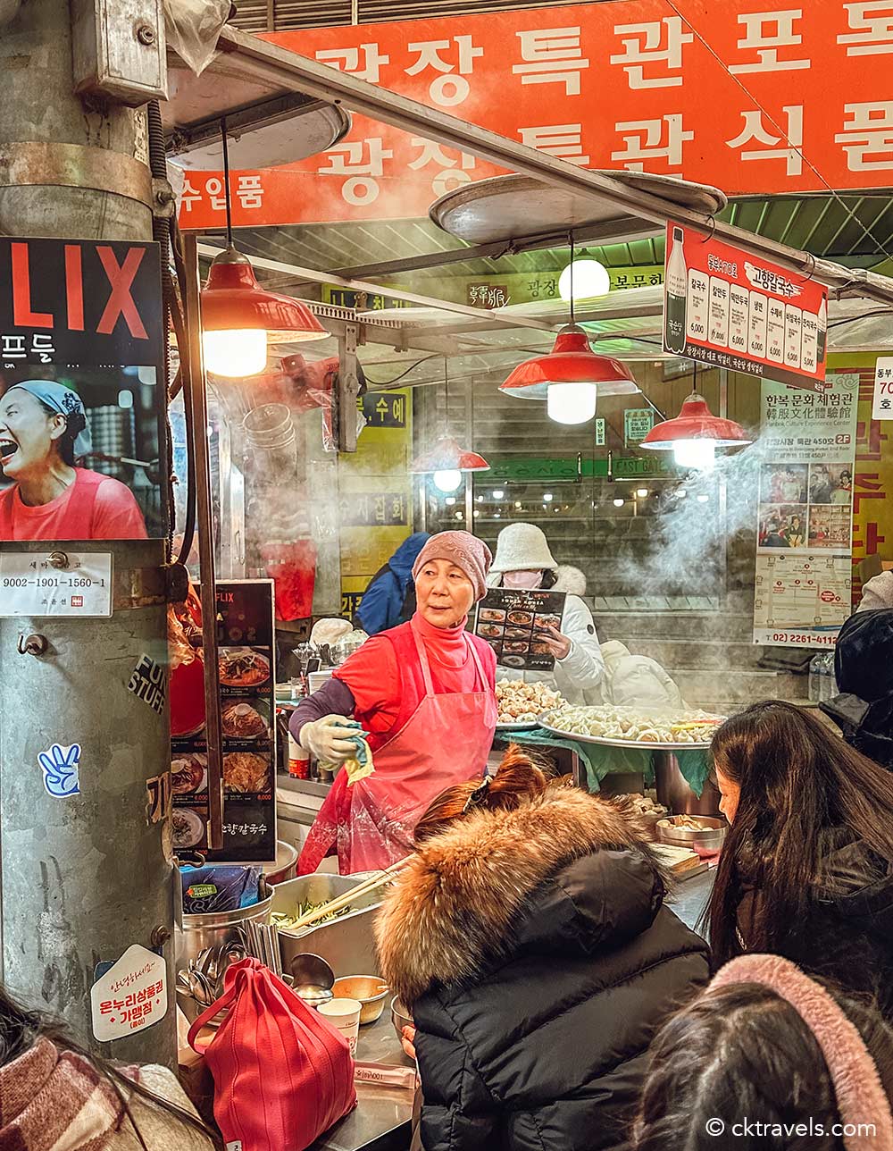 Netflix Street Food Asia knife-cut noodle lady Cho Yonsoon stall at Gwangjang Market, Seoul, South Korea