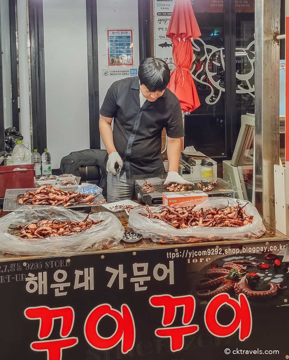 grilled octopus stall at Haeundae Traditional Market - Busan's best food market
