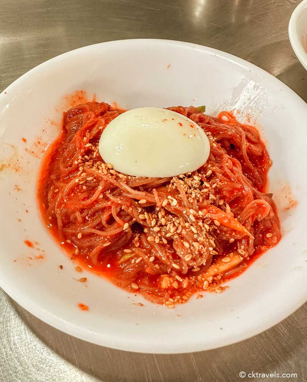 Naengmyeon (cold buckwheat noodles) food at Kalguksu Alley at Namdaemun Market Seoul